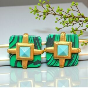 18k Matte Gold Plated Malachite & Turquoise Square Chunky Earrings